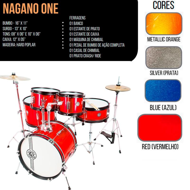 Bateria Infantil Nagano One Drum Vermelha Junior Jbj1049 Bumbo 16